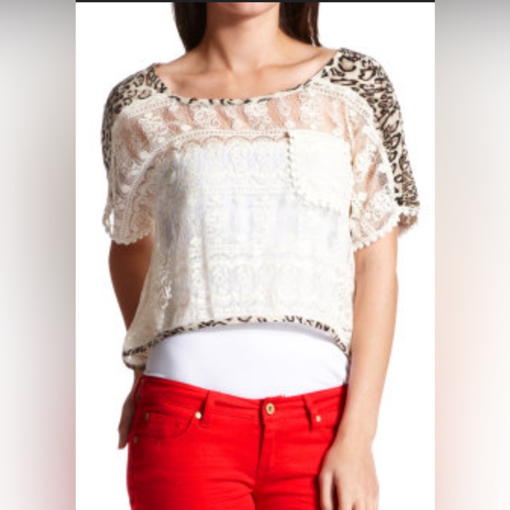 Crown of Hearts Animal Print Trim Lacy Oversized Cropped Top Women’s Size 2X